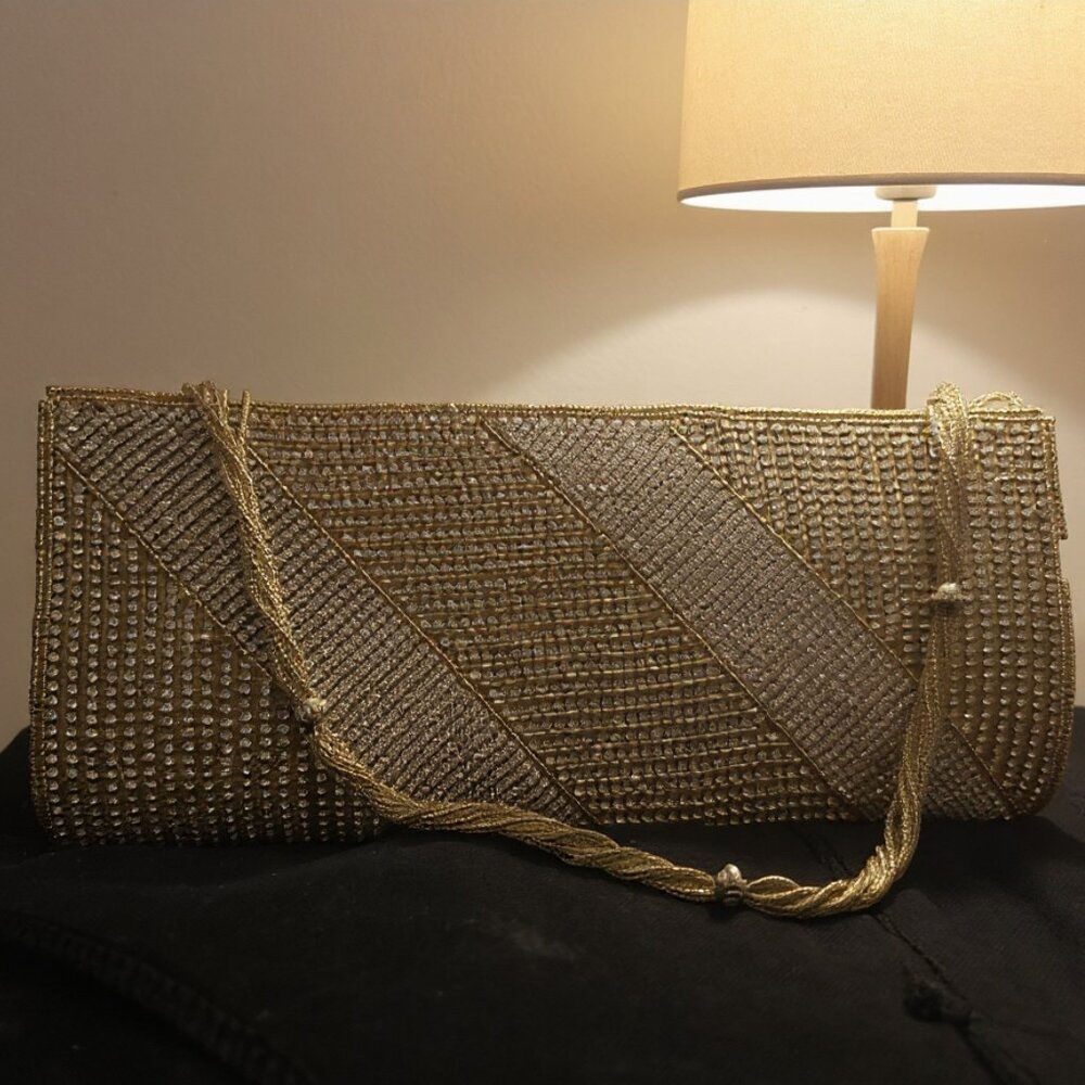 Dazzling Gold Evening Clutch With Shimmering Rhinestone Embellishments & Beads